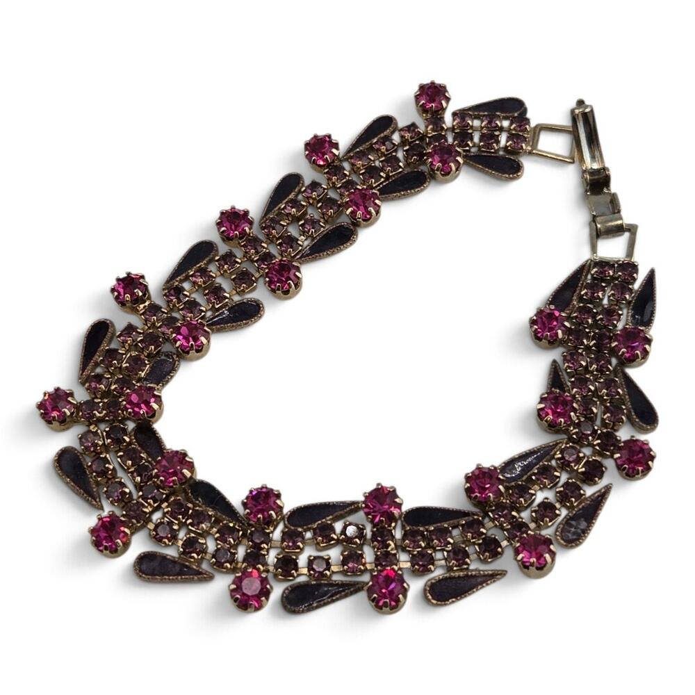 Vintage Fuchsia Purple Rhinestone Black Enamel Bracelet 1950s Gold Tone